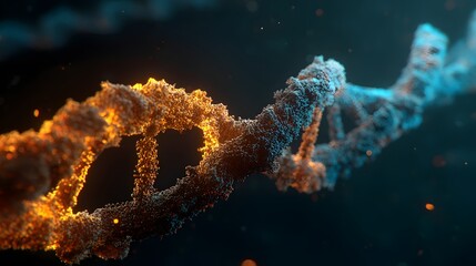 A detailed and vibrant depiction of a DNA molecule, featuring warm orange and cool teal hues, set against a dark background.