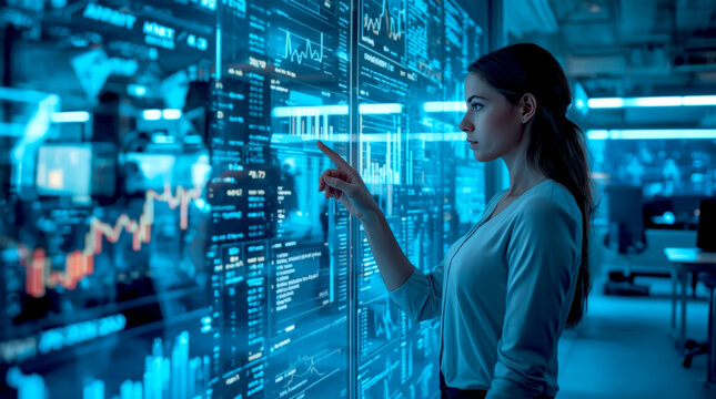 Modern Business Analysis. female analyst is standing in front of a giant transparent screen covered in a mix of real-time data, financial metrics