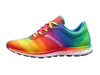 Rainbow running sneaker with yellow laces isolated on a transparent background running shoe