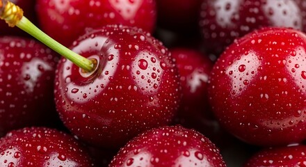 Fresh Red Cherries Covered in Water Droplets, a Close-Up Shot