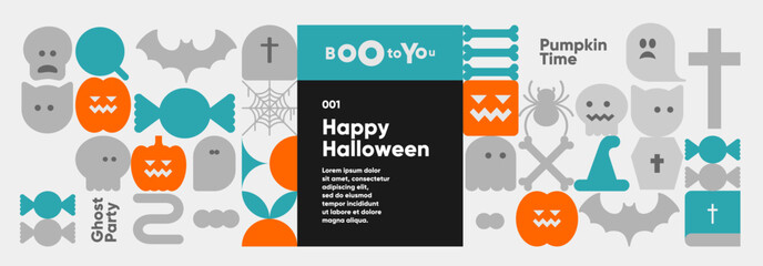 A vibrant Halloween-themed design featuring playful icons such as pumpkins, ghosts, bats, and candy. The image includes text elements like 'Happy Halloween' 