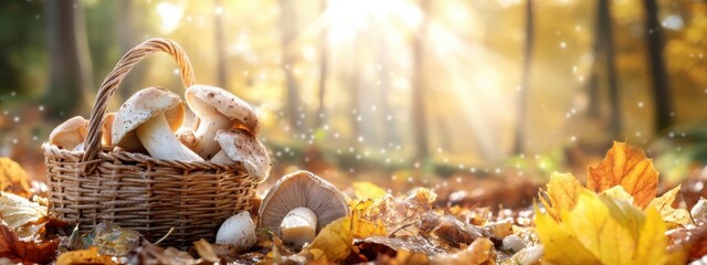Autumn Forest Bliss: Golden Light and Harvested Mushrooms