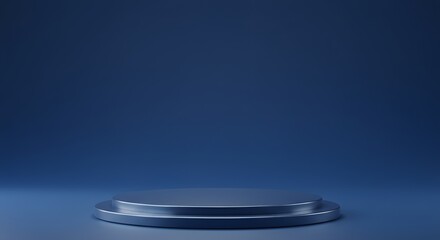 A Sleek Metallic Podium on a Dark Blue Background with Subtle Lighting and Shadow Effects Emphasizing its Futuristic Design	
