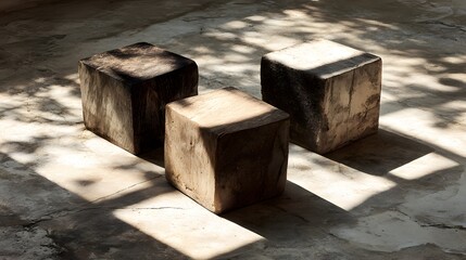Three rustic wooden cube stools cast dramatic shadows on a light-colored concrete floor.
