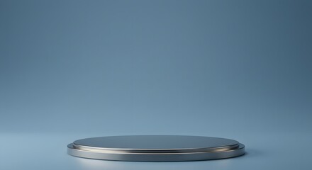 A Sleek Metallic Pedestal Rests on a Reflective Surface Against a Soft Blue Background with Subtle Lighting Creating Depth and Atmosphere	