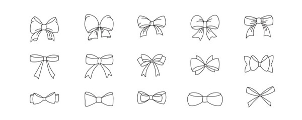 Hand drawn girly coquette bow ribbons set. Editable stroke line. Vector stock illustration isolated on white background for design template birthday, wedding, Christmas card, invitation, sale banner
