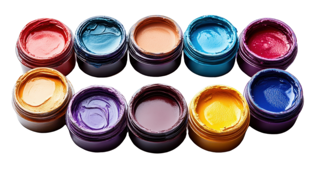 Assorted Paint Jars Displayed Isolated on a white transparent background