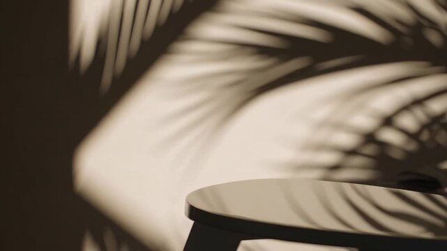 Soft-Focus Silhouette of Exotic Palm Fronds Cast on Light Brown Wall and Surface