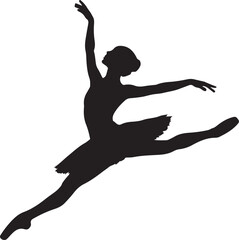 Fototapeta premium Black silhouette of a female ballet dancer in a dynamic leaping pose black and white dancing