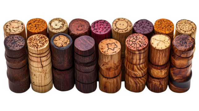 assorted wine corks Arranged isolated on a white transparent background