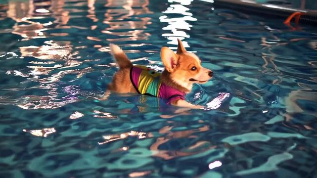Corgi breed juvenile canine adorned in swimming costume And they are engaging in aquatic activity for physiological treatment. Corgi puppy wearing swimsuit And they are swimming for physical therapy 