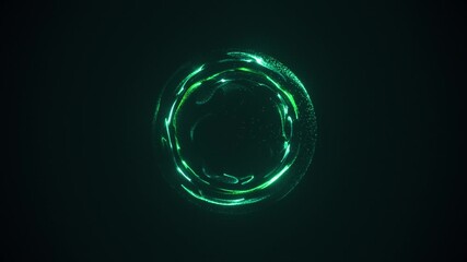 Abstract glowing green sphere made of particles and light trails on dark background. Futuristic 3D animation concept for science, technology, AI and digital design. - Powered by Adobe