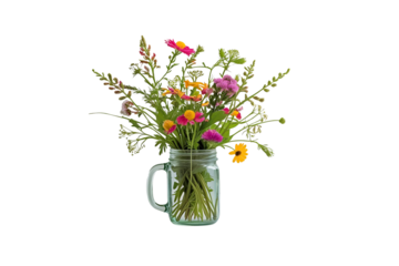 this image is a mason jar, with a handle, filled with flowers and has a detailed style, also it is designed to show a beautiful visual representation.