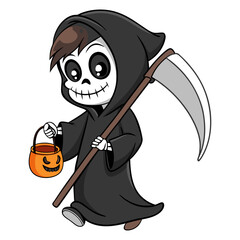 Obraz premium Cute Grim Reaper Boy with Scythe and Pumpkin Bucket Halloween Vector Illustration