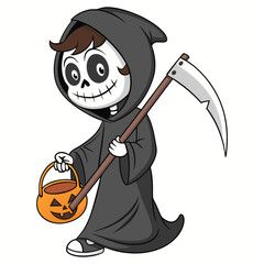 Obraz premium Cute Grim Reaper Boy with Scythe and Pumpkin Bucket Halloween Vector Illustration