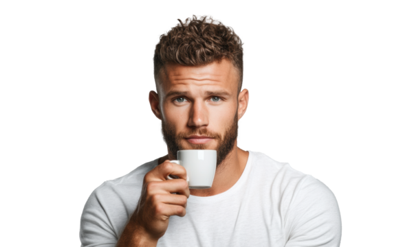 Person drinking from white cup on transparent background