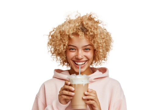 Woman Drinking Iced Coffee with a Smile on transparent background
