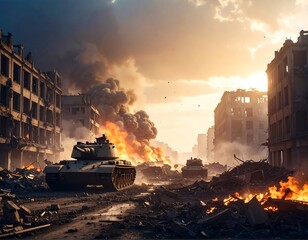 War-torn city street with tanks amidst fire and destruction