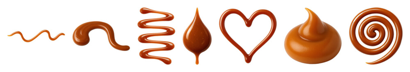 Caramel sauce set including drips, swirls, zigzag, heart, and spiral shapes isolated. Dessert decoration and sweet food embellishments.