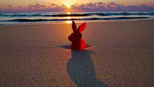 creative Easter concept with red paper bunny figure on the sand of beach during sunset