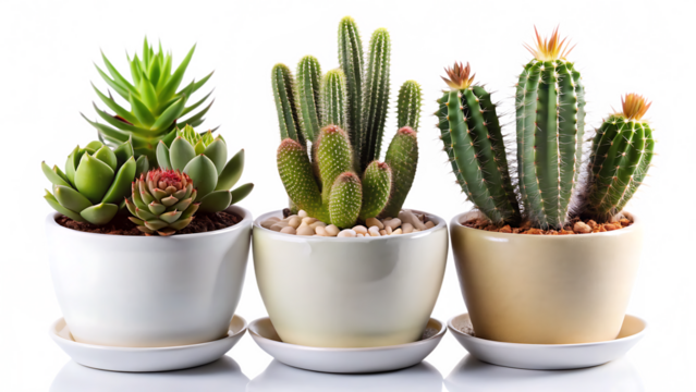 Three potted cactus and succulent plants isolated on a transparent background green - Powered by Adobe