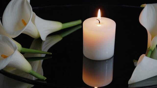 closeup of lit wax taper and white floral arrangements on dark reflective surface in low light, symbolizing remembrance