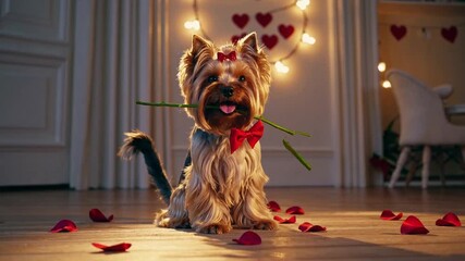 Small dog breed holding solitary flower on the day of romance