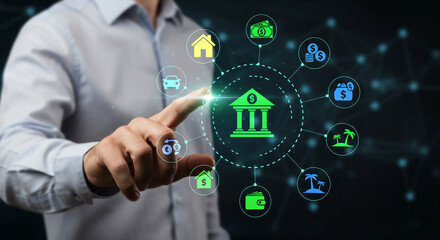 Digital Banking Interface: A close-up captures a person interacting with a cutting-edge digital banking interface, showcasing icons representing various financial aspects.