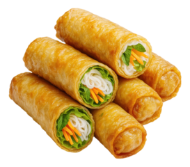 A delicious pile of crispy fried Vietnamese spring rolls filled with fresh vegetables and vermicelli noodles, Isolated on Transparent and White Background