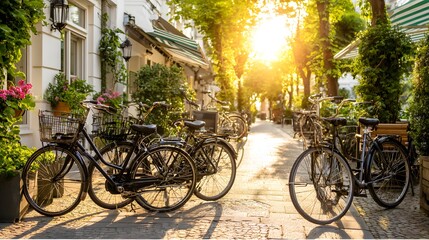 Fototapeta premium A charming urban street scene showcases parked bicycles amidst lush greenery and sunlight streaming through the trees.
