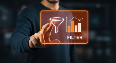 Data Filter: A person is pointing to a digital interface, highlighting the concept of data filtering, showcasing a visually appealing blend of technology and analysis.