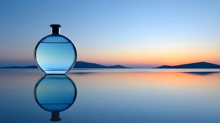 Obraz premium A serene glass bottle, reflecting beautifully on a tranquil water surface at sunset, bathed in soft pastel hues.