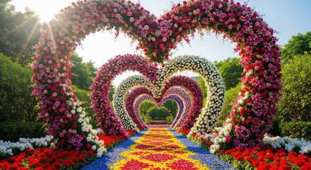 A vibrant display of floral heart-shaped arches leads down a colorful garden pathway, showcasing a dazzling array of flowers in a picturesque setting.
