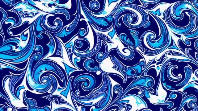 decorative pattern consisting of blue and white intricate teardrop-shaped motifs known as paisley