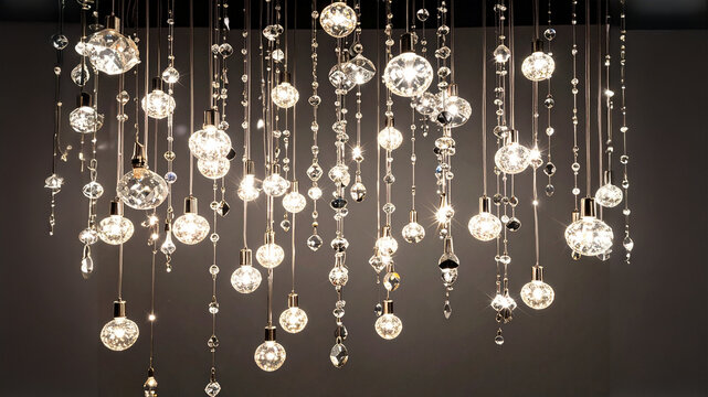 A lavish, modern chandelier is composed of numerous small light bulbs and a cascade of shimmering crystal pendants hanging at varying lengths. The warm, glowing lights create a sense of elegance, lux