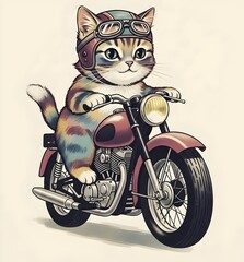 Cartoon Cat Riding Motorcycle – Funny Biker Kitty Kitten Feline Pet Rider on Moped or Scooter Illustration. cute kitten riding, animal, animal biker, comic, comic style cat, retro, retro biker cat