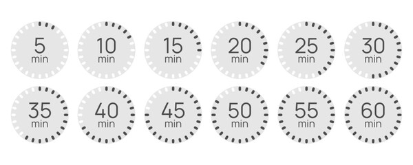Minimalist timer icon set. 5 to 60 minute countdown icons. Sport or cooking limited time label. Stopwatch in flat minimal style. Simple time clock isolated on white