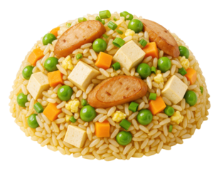 A delicious mound of fried rice with sausage, tofu, peas, carrots, and scrambled egg, Isolated on Transparent and White Background