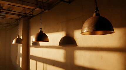 Obraz premium Warm sunlight streams through a room, illuminating industrial-style pendant lights hanging from the exposed ceiling.
