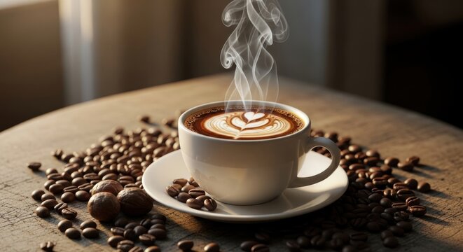 A steaming cup of latte art rests on a wooden table, surrounded by coffee beans, evoking a warm and inviting atmosphere. - Powered by Adobe