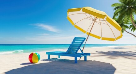A serene beach scene showcases a vibrant blue lounge chair and a yellow umbrella on pristine white sand, casting inviting shadows on the warm sand.