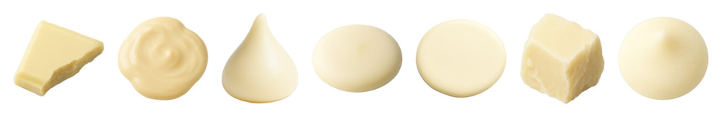 White chocolate set including chunks, bars, drops, swirls, and melted forms isolated. Baking ingredients and sweet dessert collection.