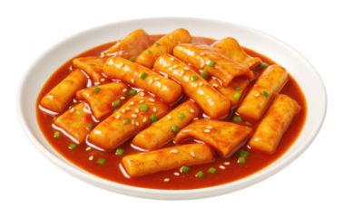 Savory Tteokbokki, Korean spicy stir-fried rice cakes and fish cakes in a rich gochujang sauce, Isolated on Transparent and White Background
