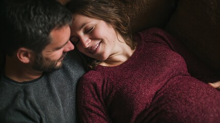 Expecting parents share a moment of joy while relaxing together on a cozy couch during the evening