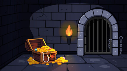 Dungeon room with a treasure chest full of gold and gems. Fantasy game background for apps, animations, and illustrations © Anna