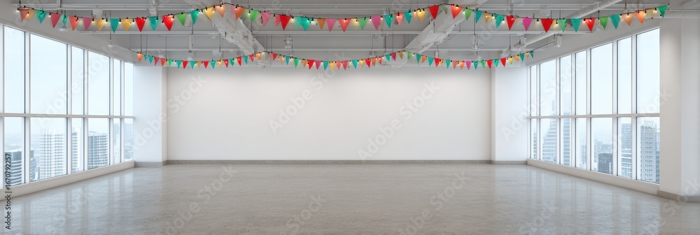 Poster empty event space decorated for celebration with colorful bunting in modern urban setting during day