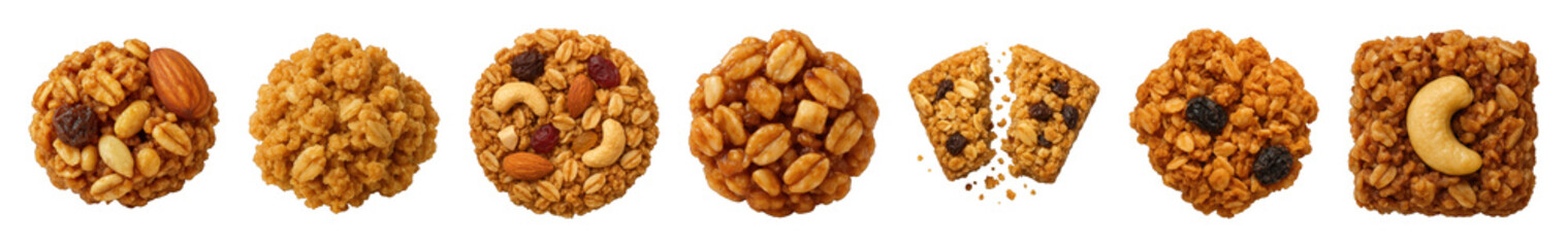 Granola bar set including various shapes, nuts, and dried fruits isolated. Healthy breakfast and snack collection.