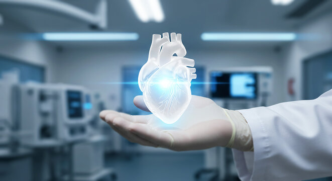 Heart in Hand: A medical professional presents a holographic heart, symbolizing the intersection of technology and medicine. The image signifies life.