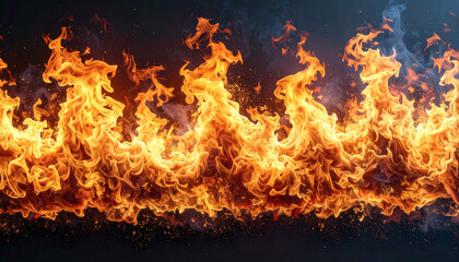 Fototapeta premium Panorama Fire Flames on Black Background – High-Resolution Realistic Flame Texture for Design, Digital Art, and Creative Projects