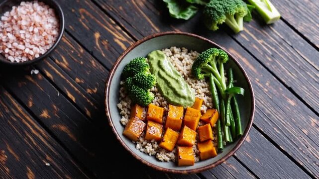 nutritious and healthy quinoa grain bowl topped with roasted butternut squash, broccolini, leafy greens, and pesto sauce presented on dark wooden table with fresh vegetables and Himalayan salt in the